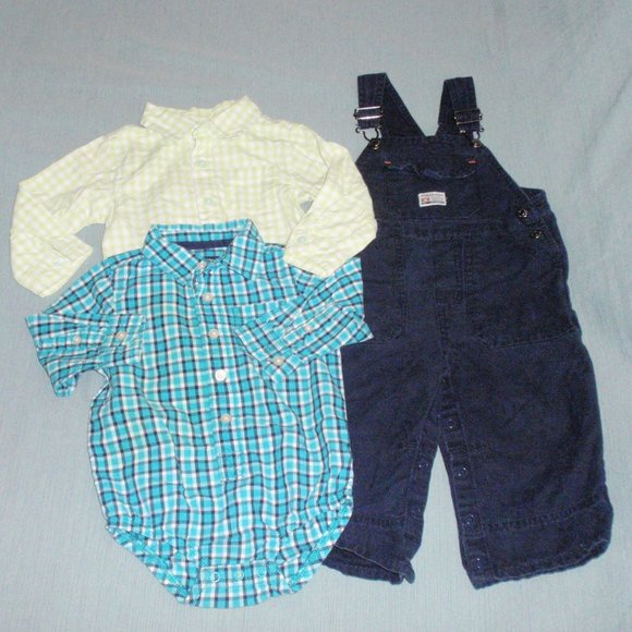3pc Lot OshKosh Overall Plaid Button Up One-piece Bodysuits 18m Place